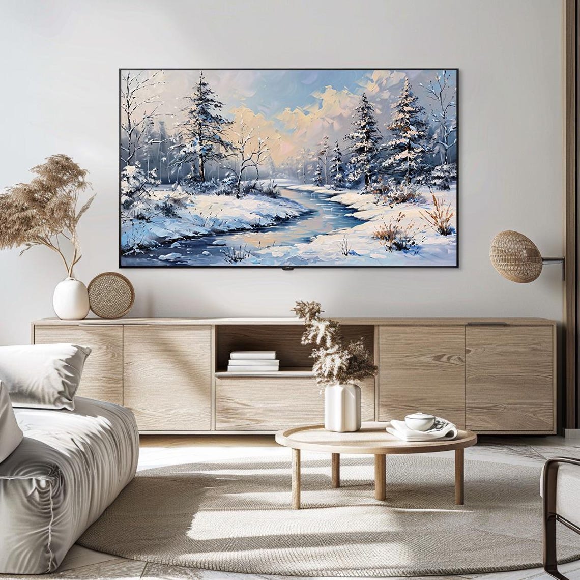 Snowy River Pine Forest Pastel Sunrise Impasto Winter Painting Poster - Image 5