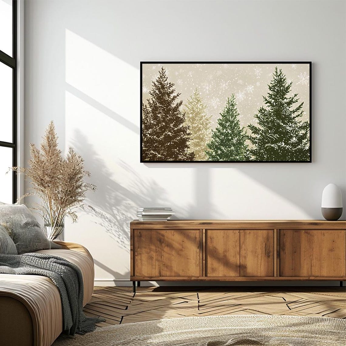 Vintage Evergreen Trees In Falling Snow Warm Winter Landscape Poster - Image 4