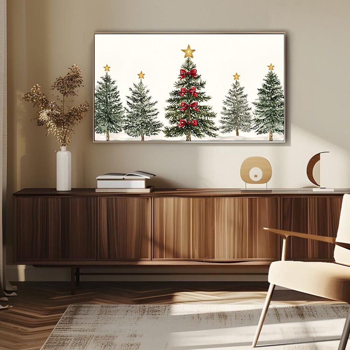 Delicate Watercolor Christmas Trees With Red Bows Festive Poster - Image 4