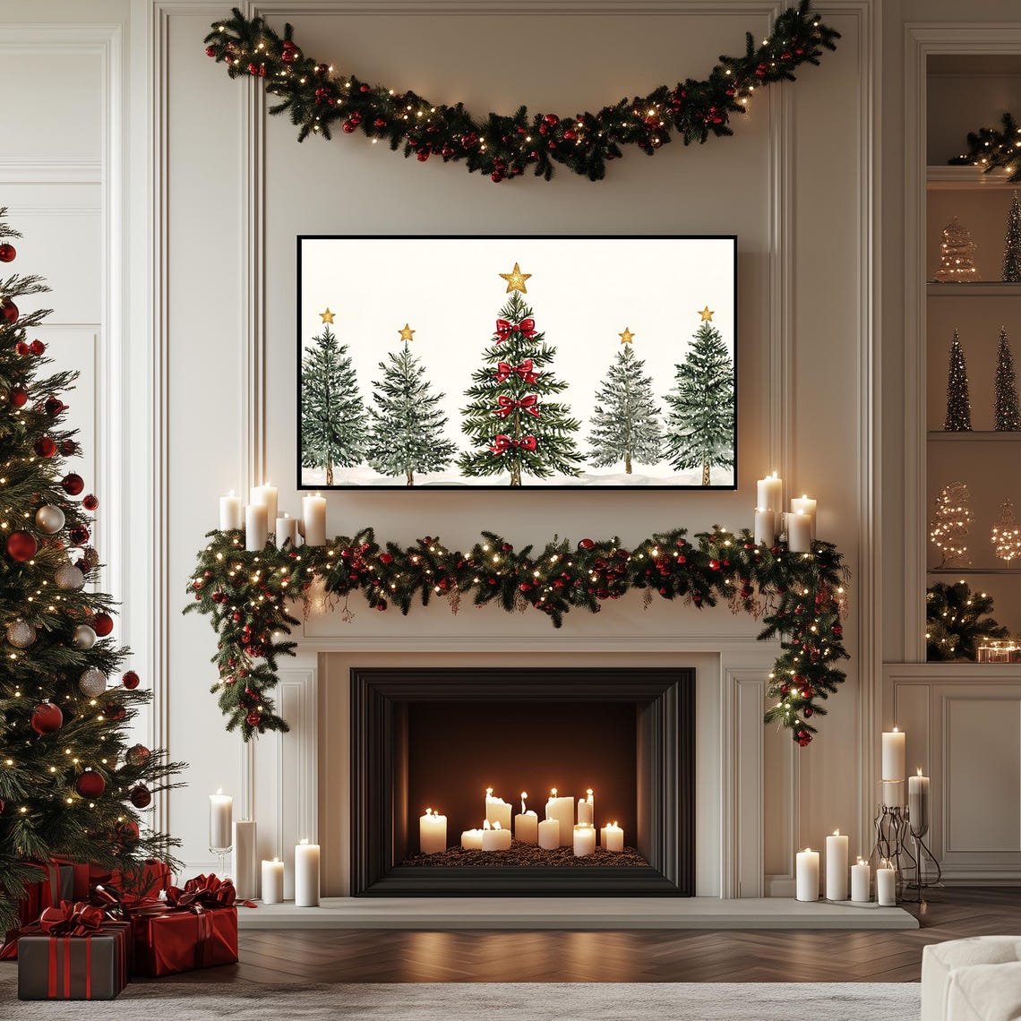 Delicate Watercolor Christmas Trees With Red Bows Festive Poster - Image 5