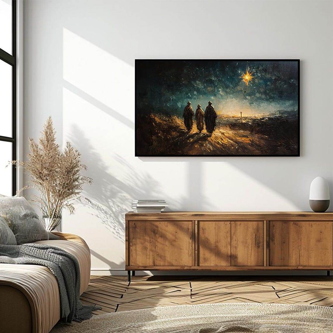 Three Wise Men Following Star Expressionist Biblical Night Poster - Image 4