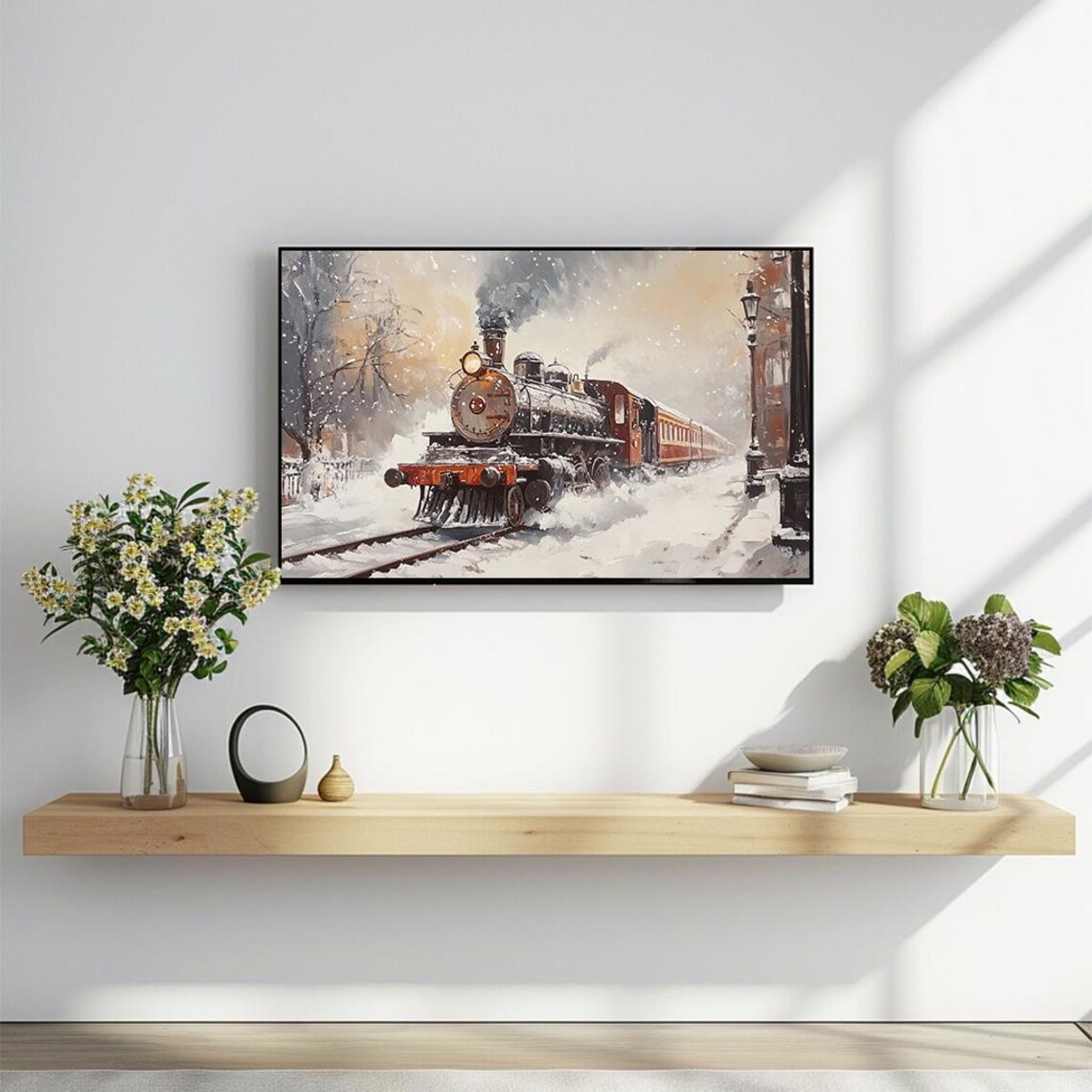 Vintage Christmas Steam Train in Snowy Town Oil Art Scene Poster - Image 2