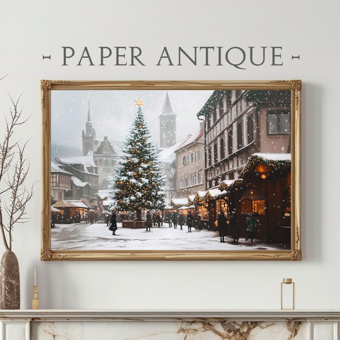 Christmas Market Painting Snowy Street With Christmas Tree And Festive Lights In Winter Village Holiday Scene Print Ls