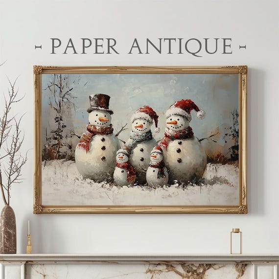 Snowman Family Painting Festive Christmas Wall Art Winter Holiday Decor Cute Artwork Instant Ls