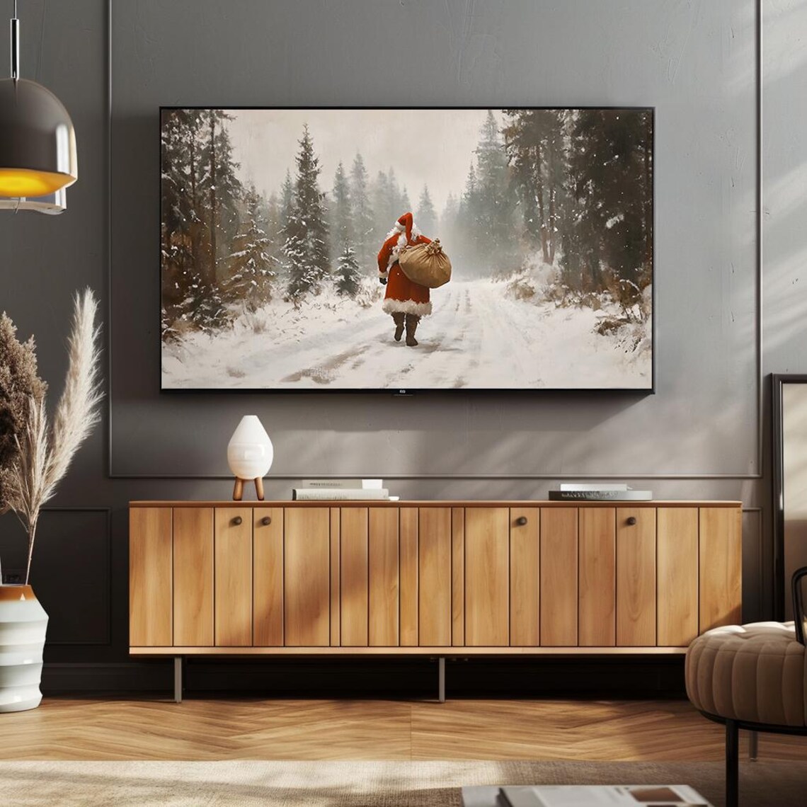 Santa Claus Walking Through Snowy Forest Vintage Oil Art Poster - Image 4