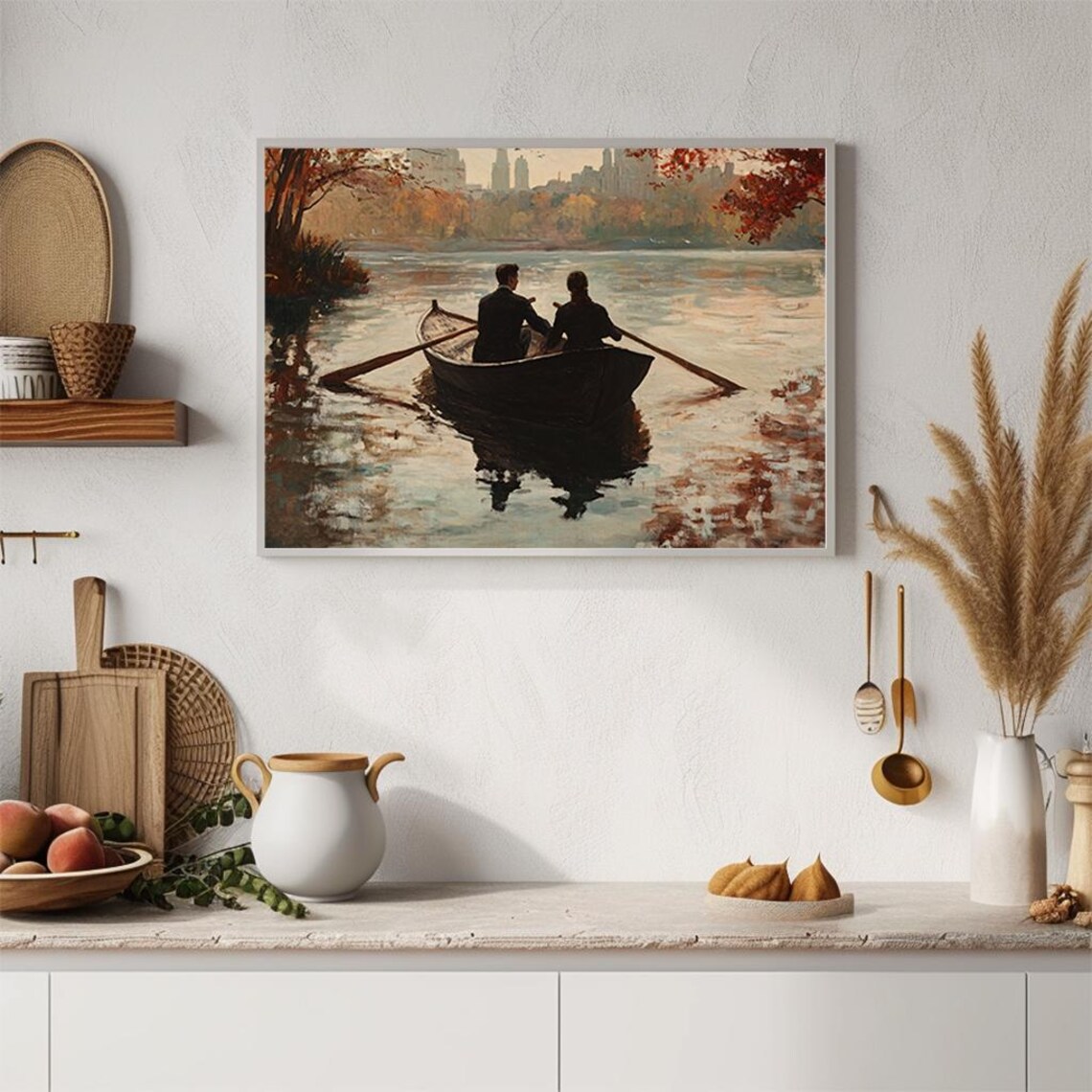 Romantic Couple Rowing Boat on Autumn Lake City Skyline Poster - Image 2