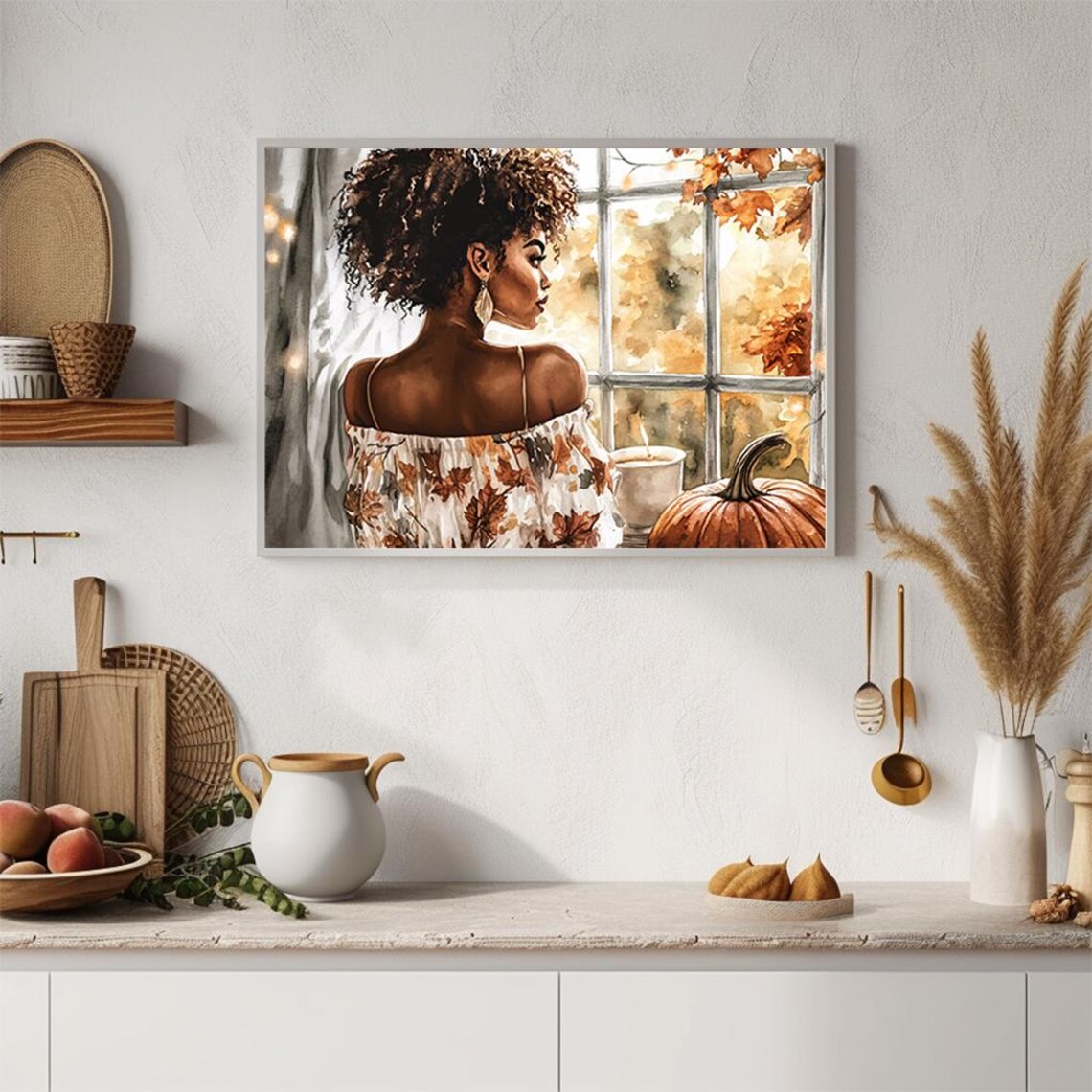 Woman Gazing Out Autumn Window Cozy Fall Watercolor Portrait Poster - Image 2
