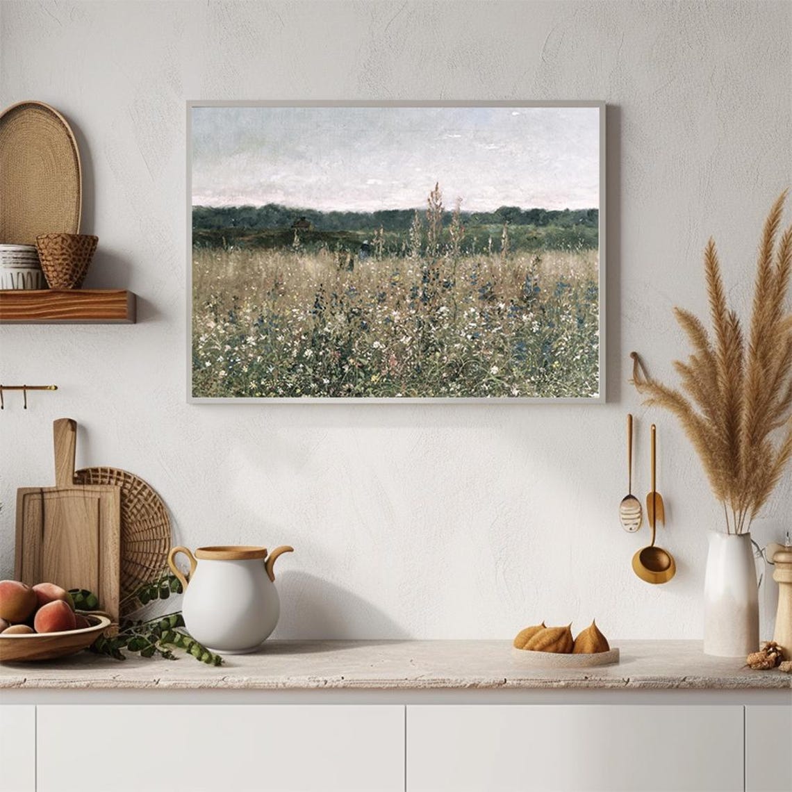 Wildflower Field with Distant Trees Meadow Rustic Painting Poster - Image 4