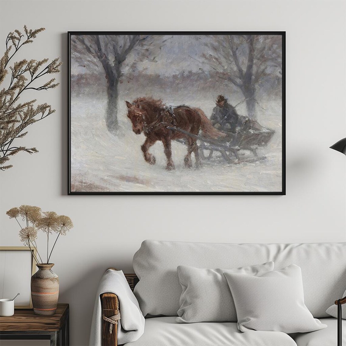 Horse Drawn Sleigh Snowstorm Winter Ride Vintage Oil Painting Poster - Image 5
