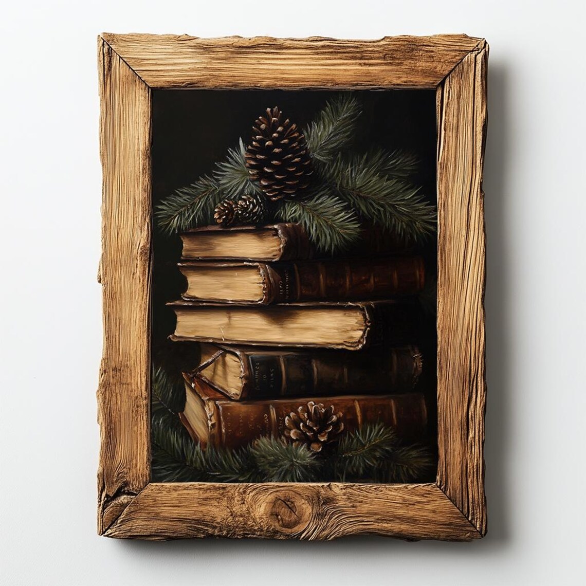 Stacked Vintage Books With Pinecones Rustic Holiday Painting Poster - Image 2