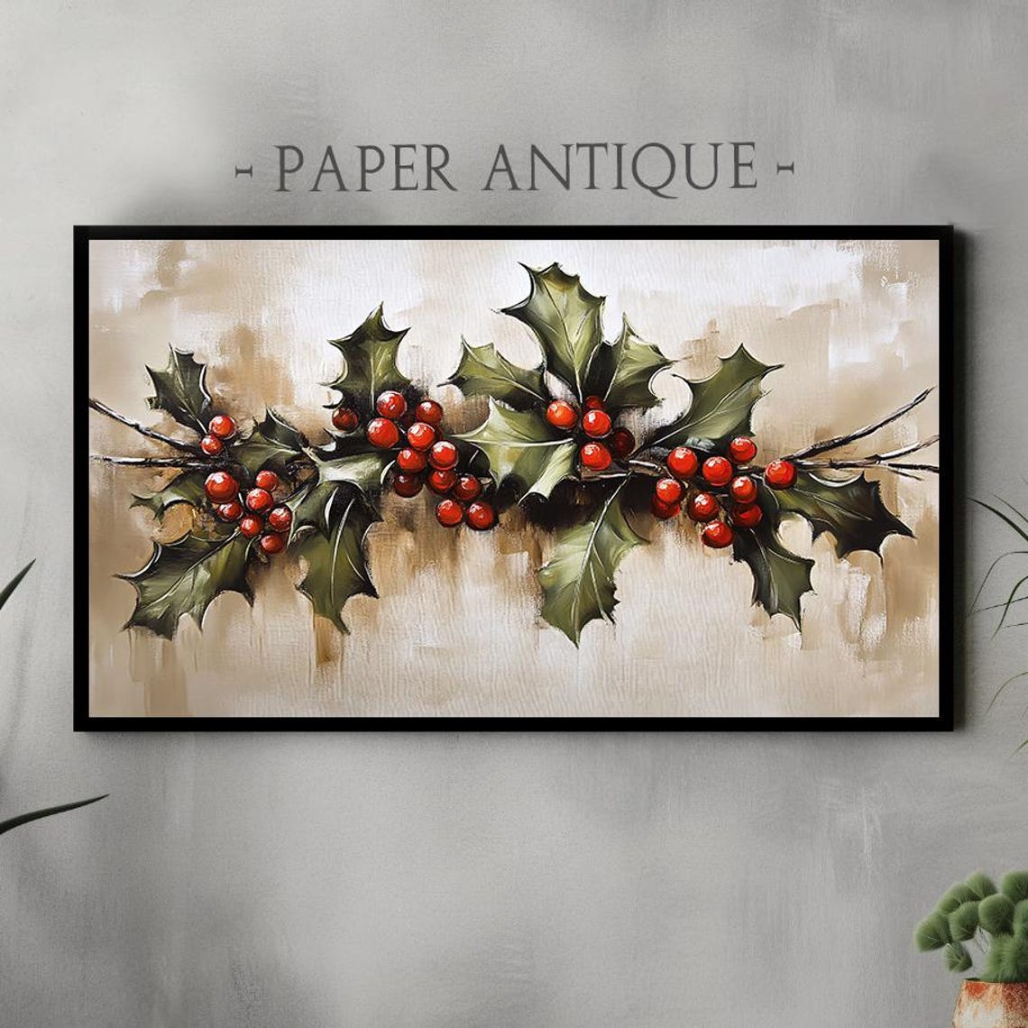 Christmas Holly Branches With Red Berries Rustic Botanical Wall Poster