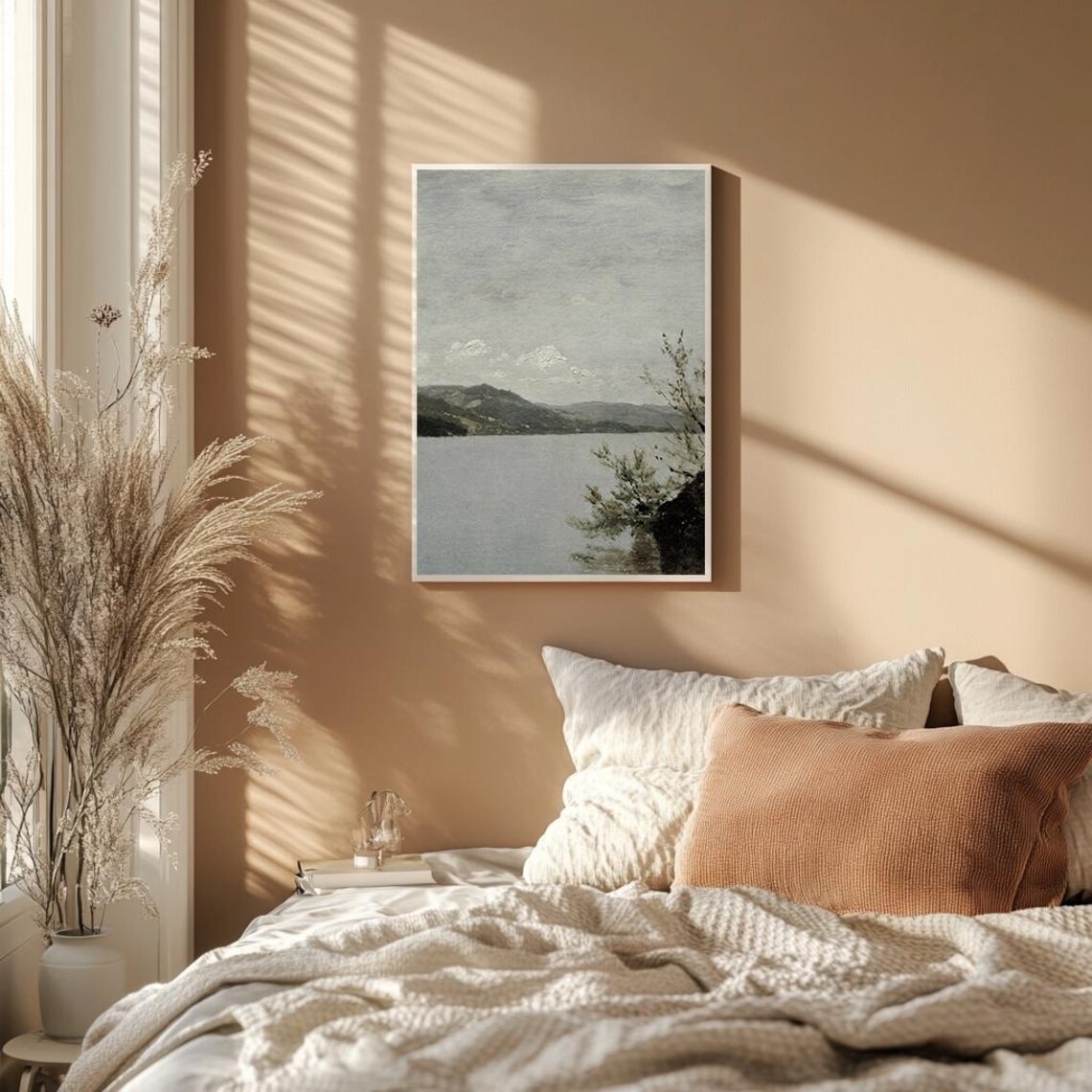 Calm Lakeside Distant Hills Minimalist Muted Water Painting Poster - Image 2