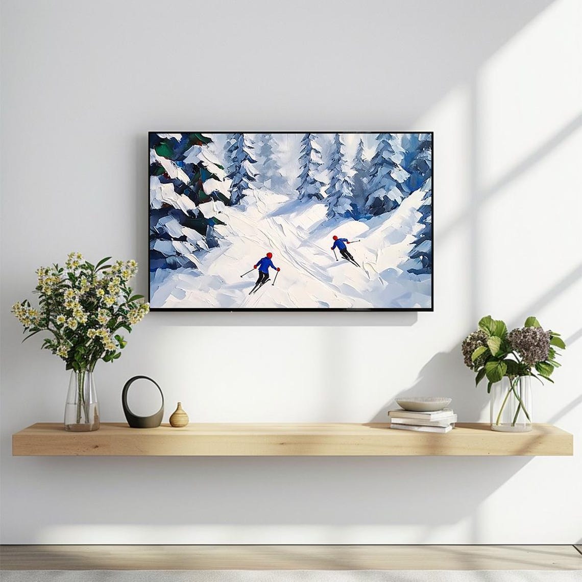 Two Skiers Descending Snowy Mountain Trail Oil Painting Winter Poster - Image 2