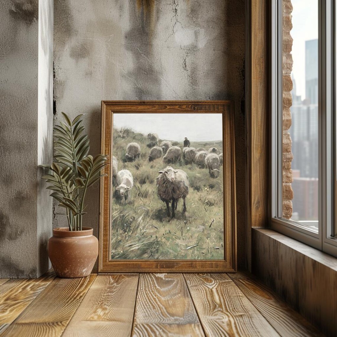Sheep Herd In Pasture With Shepherd Rustic Farm Animal Painting Poster - Image 3