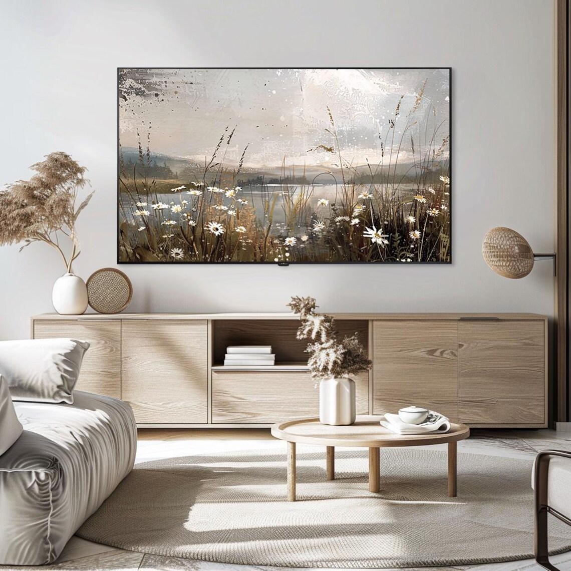 White Daisies Lakeshore Misty Water Grasses Watercolor Floral Poster - Image 5