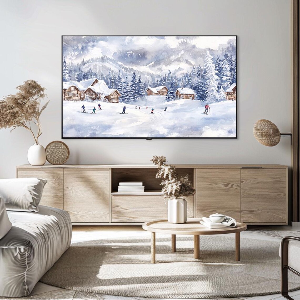 Skiers Mountain Chalets Watercolor Snowy Alpine Winter Scene Poster - Image 5