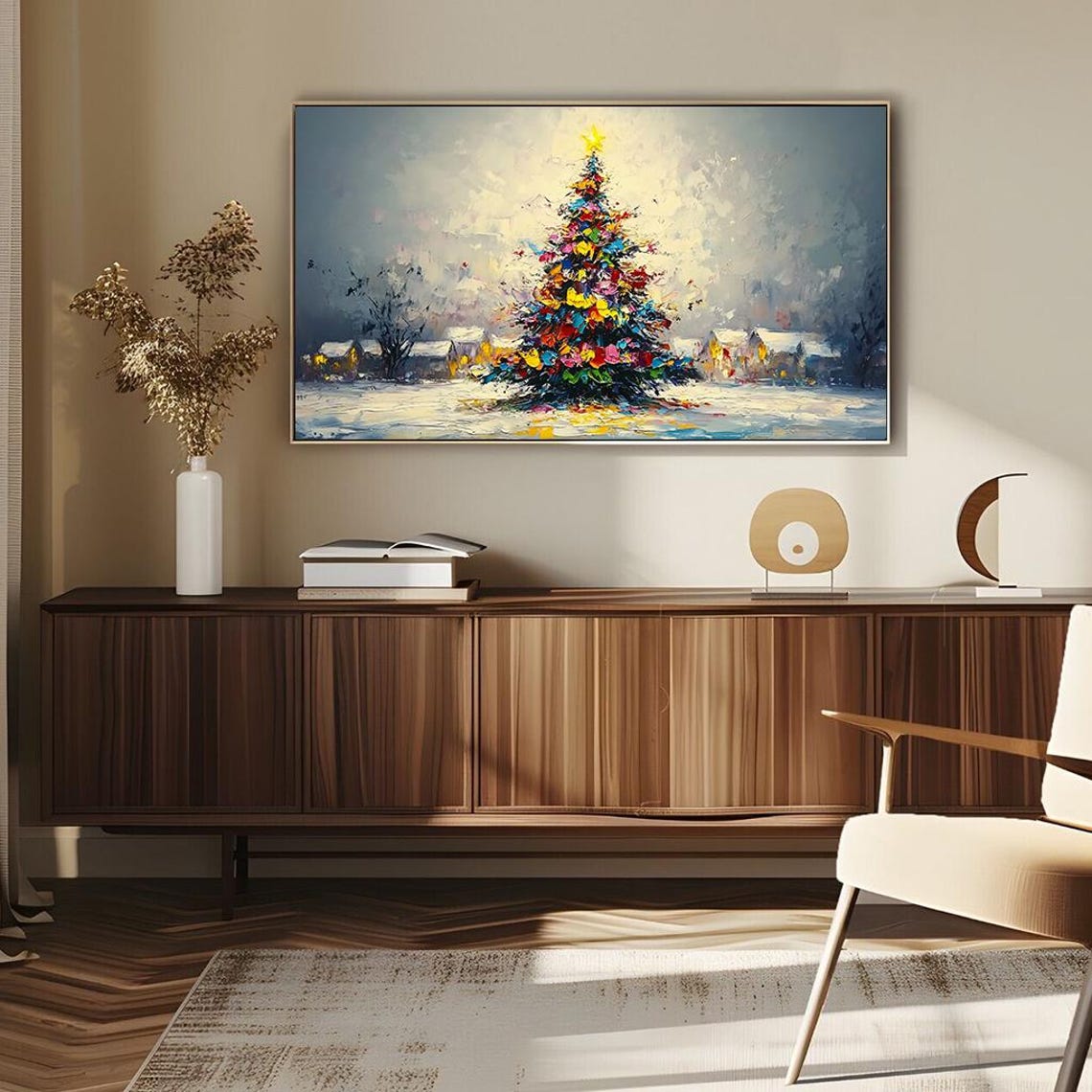 Vibrant Impressionist Christmas Tree Night Scene Oil Art Poster - Image 4