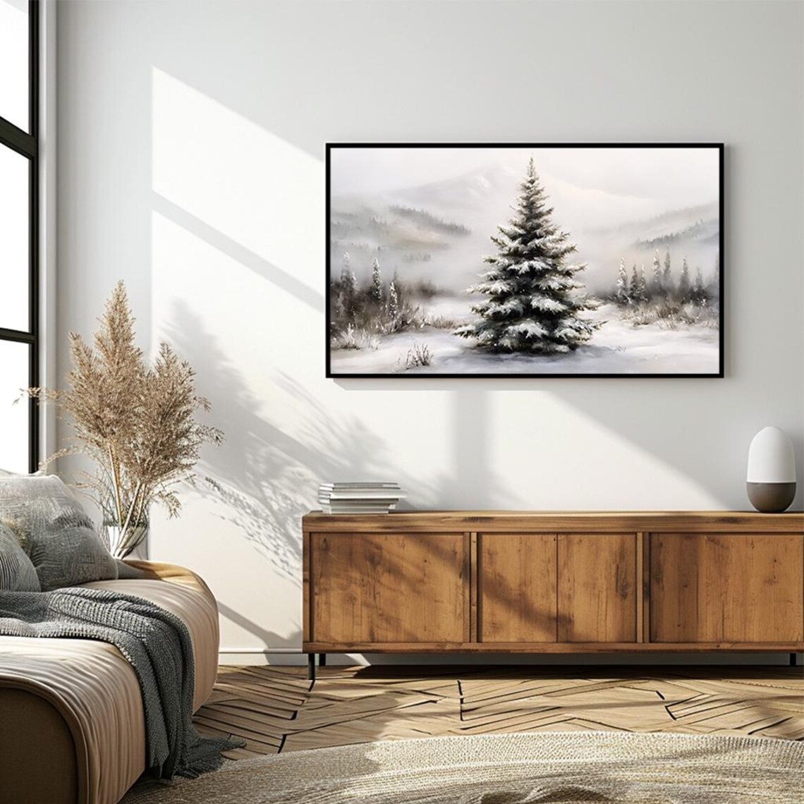 Tranquil Snowy Pine Tree in Misty Winter Woodland Scene Art Poster - Image 4