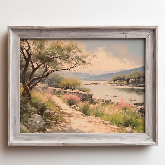 Spring Riverside Blossom Trees Quiet River Mountain Vista Poster