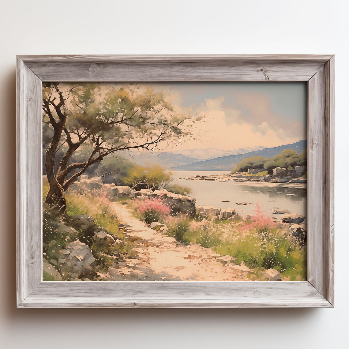 Spring Riverside Blossom Trees Quiet River Mountain Vista Poster