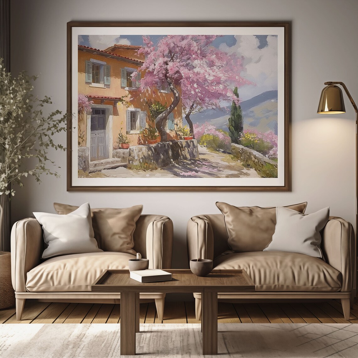 Mediterranean Villa Pink Flowering Trees Spring Blossom Oil Painting Poster - Image 3