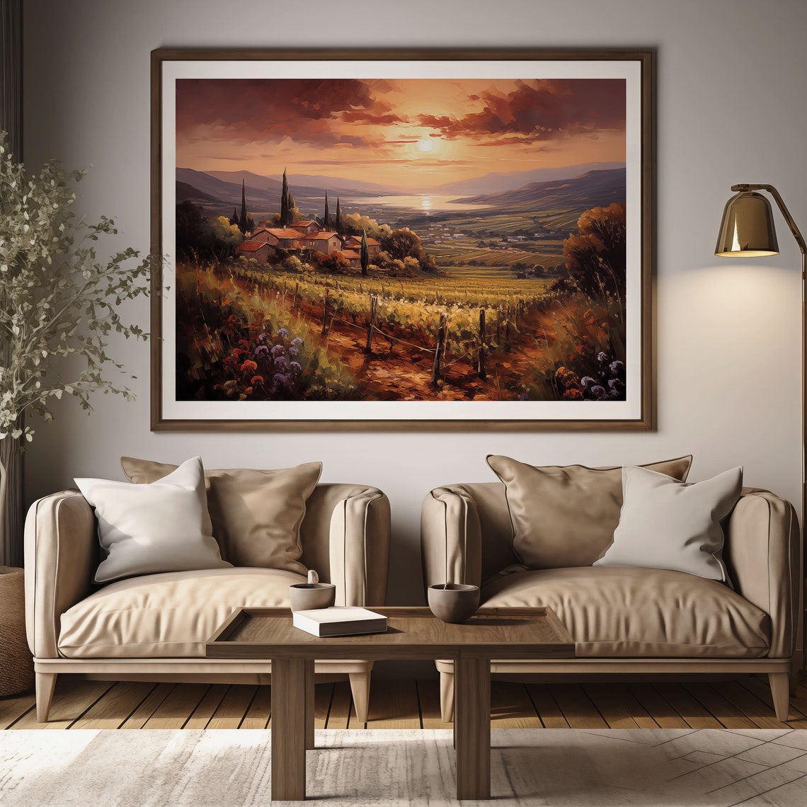 Tuscan Sunset Vineyard Hill Town Cypress Trees Oil Painting Poster - Image 2
