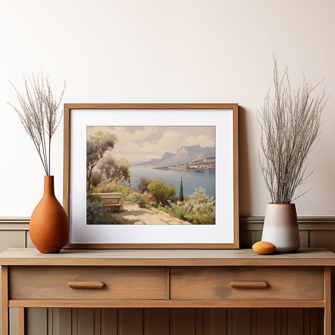 Sunny Stone Terrace Garden Bench Flowers Mountain Lake View Poster - Image 4
