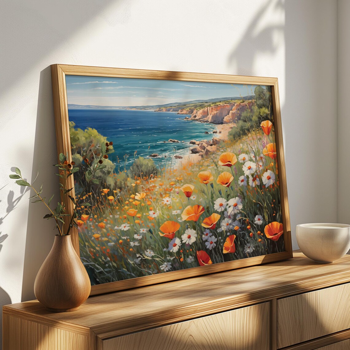 Orange Poppy Field Cliff Overlooking Turquoise Sea Coastal Poster - Image 4