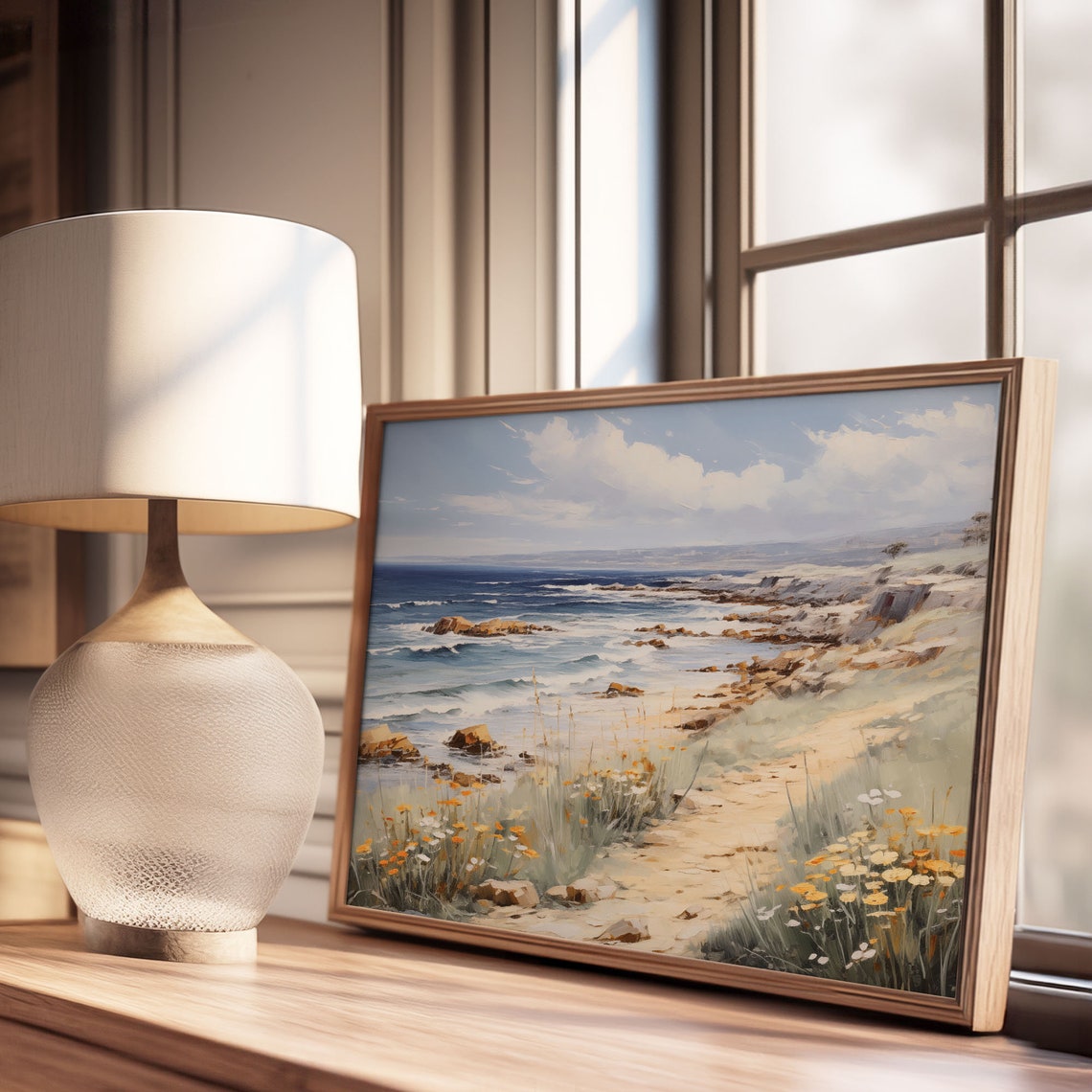 Rocky Coastline Sandy Path Wildflower Ocean View Oil Painting Poster - Image 3