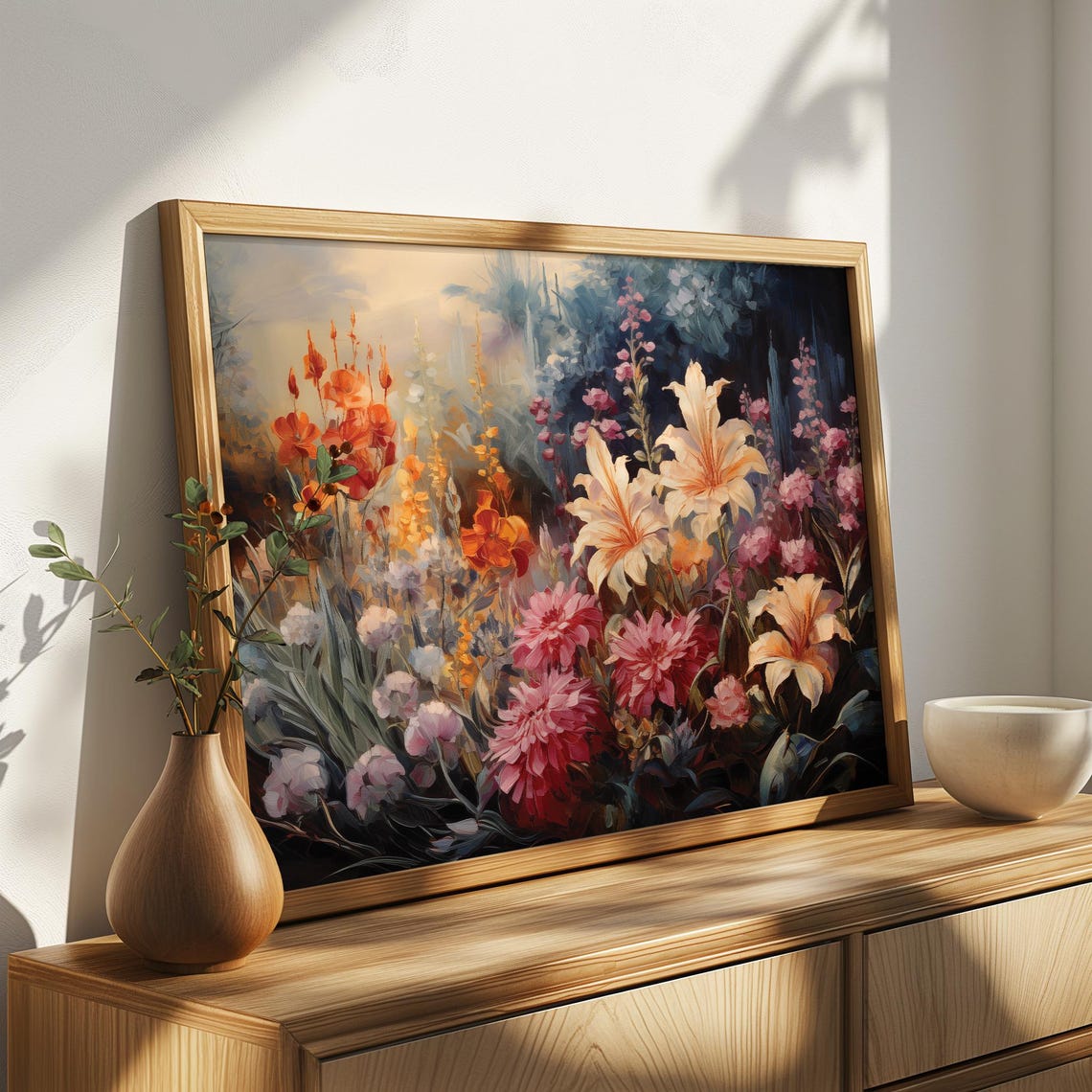 Lush Garden Flower Painting Lilies Dahlias Dark Botanical Art Poster - Image 4