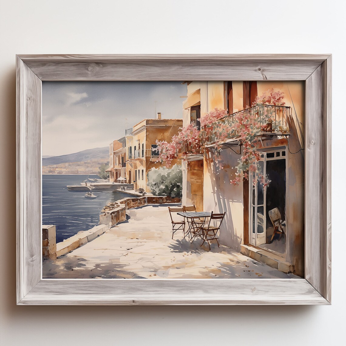 Mediterranean Cafe Terrace by the Sea Oil Painting Style Poster
