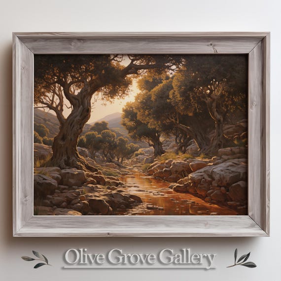 Serene Olive Grove By A Stream Rustic Mediterranean Landscape Peaceful Nature Wall Art Warm Tones Decor Instant Oil Painting