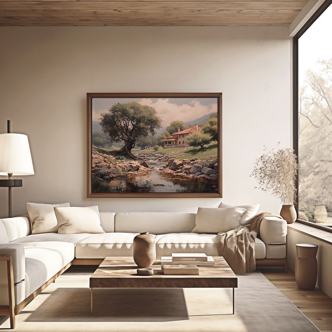 Riverside Farmhouse with Olive Tree and Rocky Creek Oil Painting Poster - Image 4