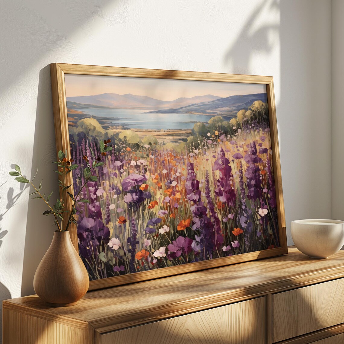 Lavender And Poppy Field Overlooking A Mountain Lake Vintage Poster - Image 3