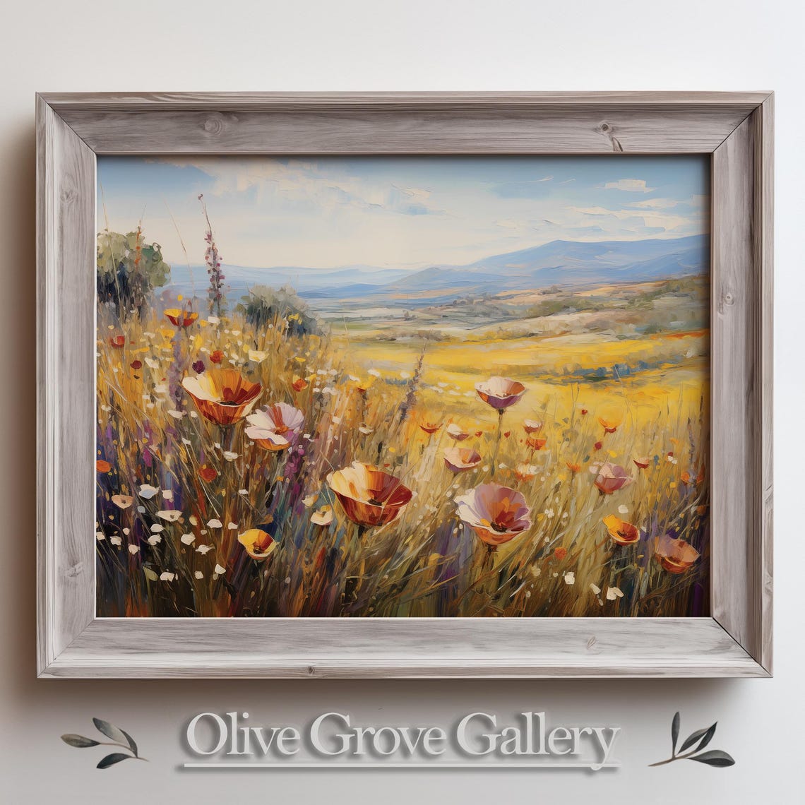 Golden Wildflower Meadow Mountain View Rustic Country Art Poster