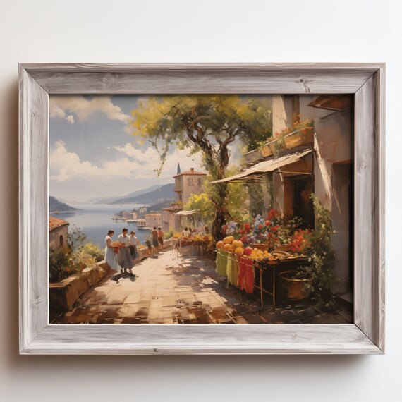 Italian Coastal Market Street People Fruit Stalls Sea Oil Painting Poster
