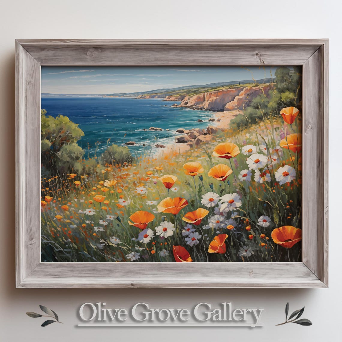 Orange Poppy Field Cliff Overlooking Turquoise Sea Coastal Poster