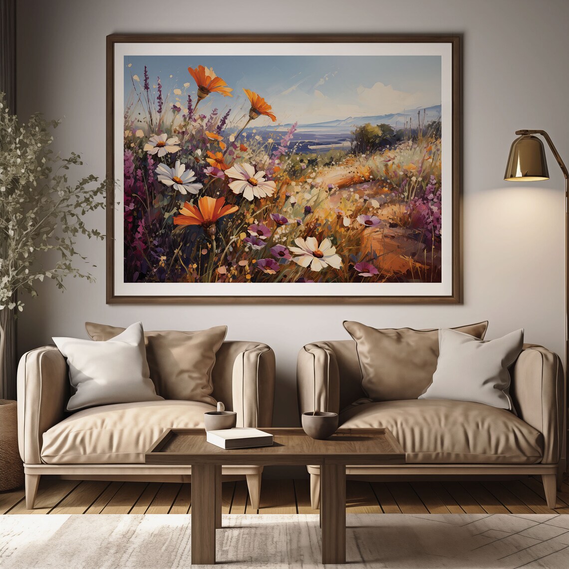 Orange Poppy Daisy Wildflower Field Sea View Oil Painting Poster - Image 2