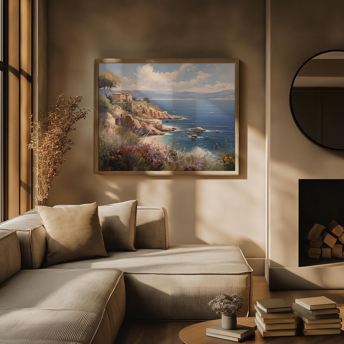 Clifftop Villa with Wildflowers Over Blue Sea Oil Painting Poster - Image 3