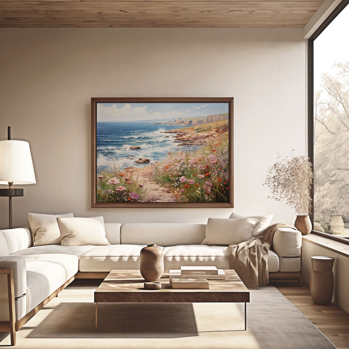 Ocean Cliff Waves Coastal Wildflowers Seascape Oil Painting Poster - Image 4