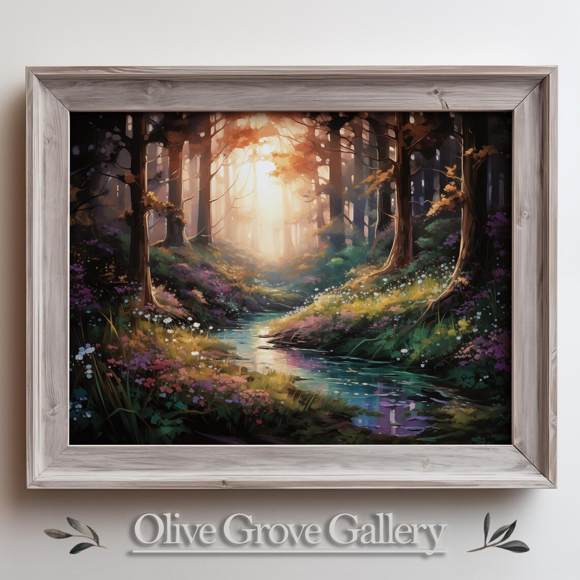 Dreamy Golden Sunset Forest Creek Wildflower Glow Nature Poster