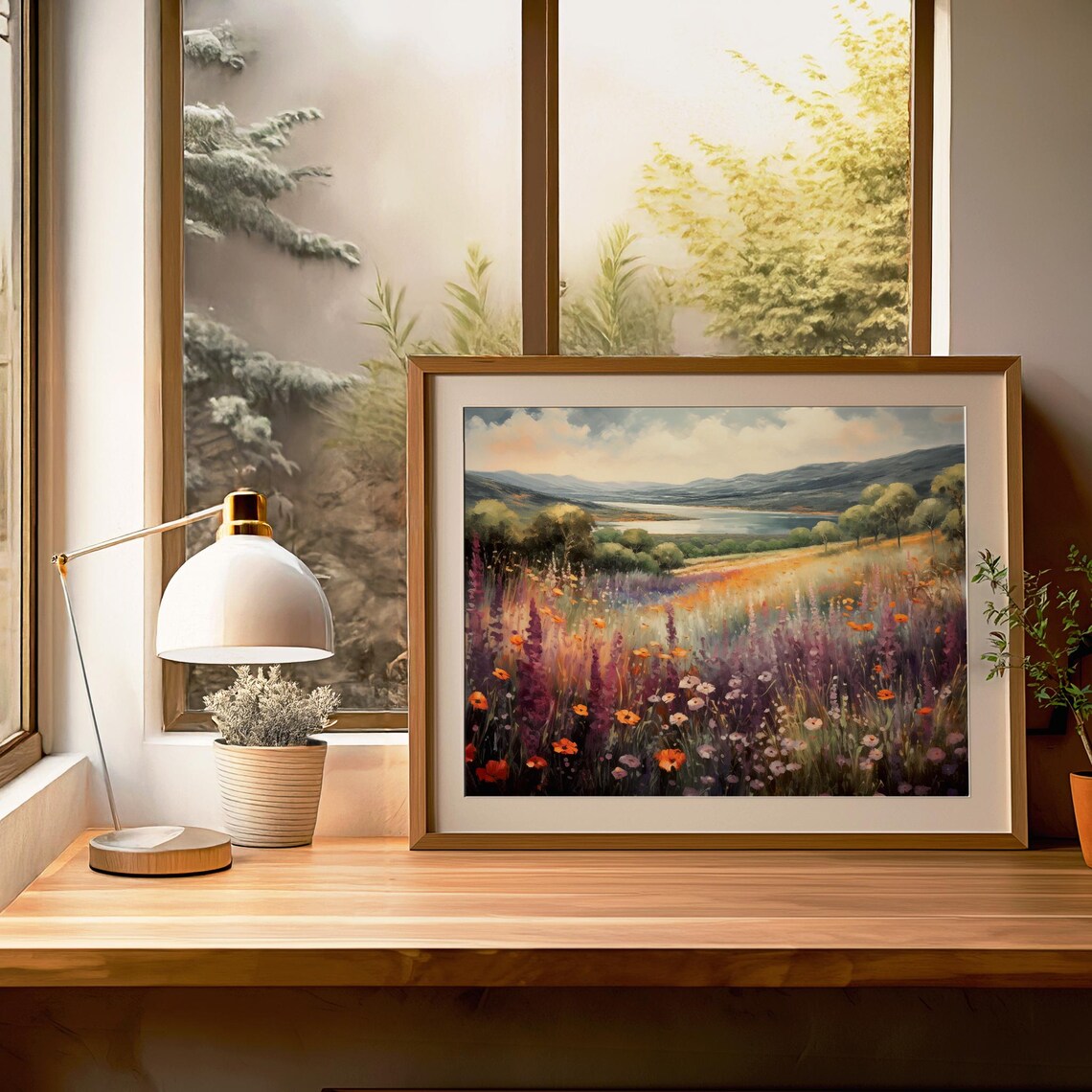 Purple Wildflower Meadow Orange Poppies Lake Hills Oil Painting Poster - Image 3
