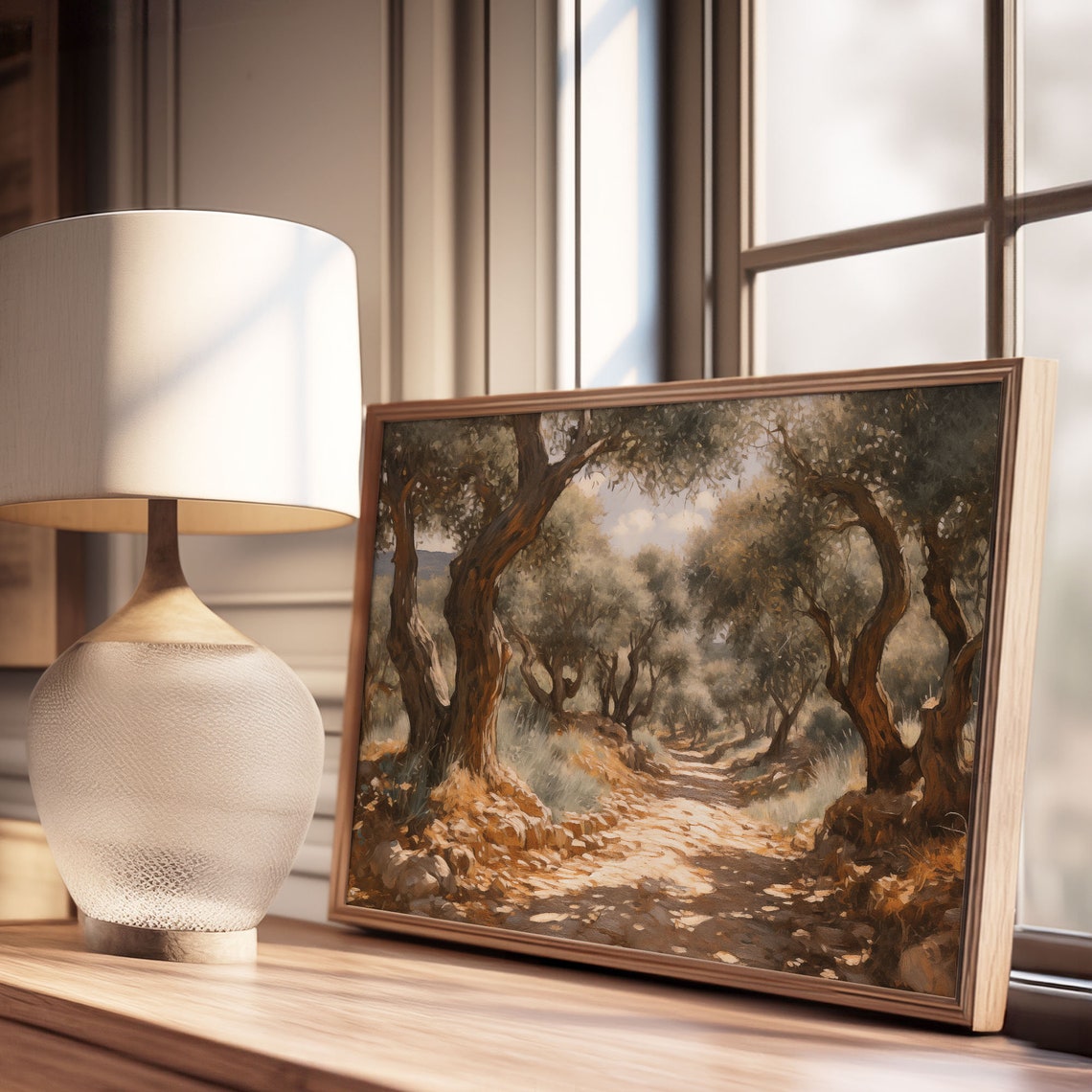 Ancient Olive Trees On A Sunlit Grove Path Golden Vintage Print - Image 3