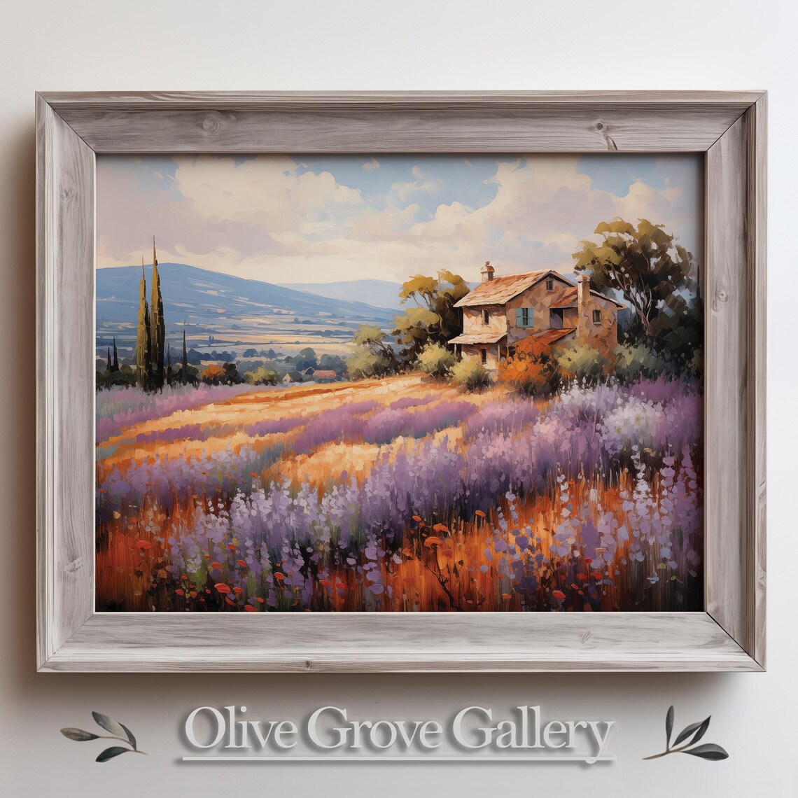 Country Villa Lavender Field Cypress Trees Hills Oil Painting Poster