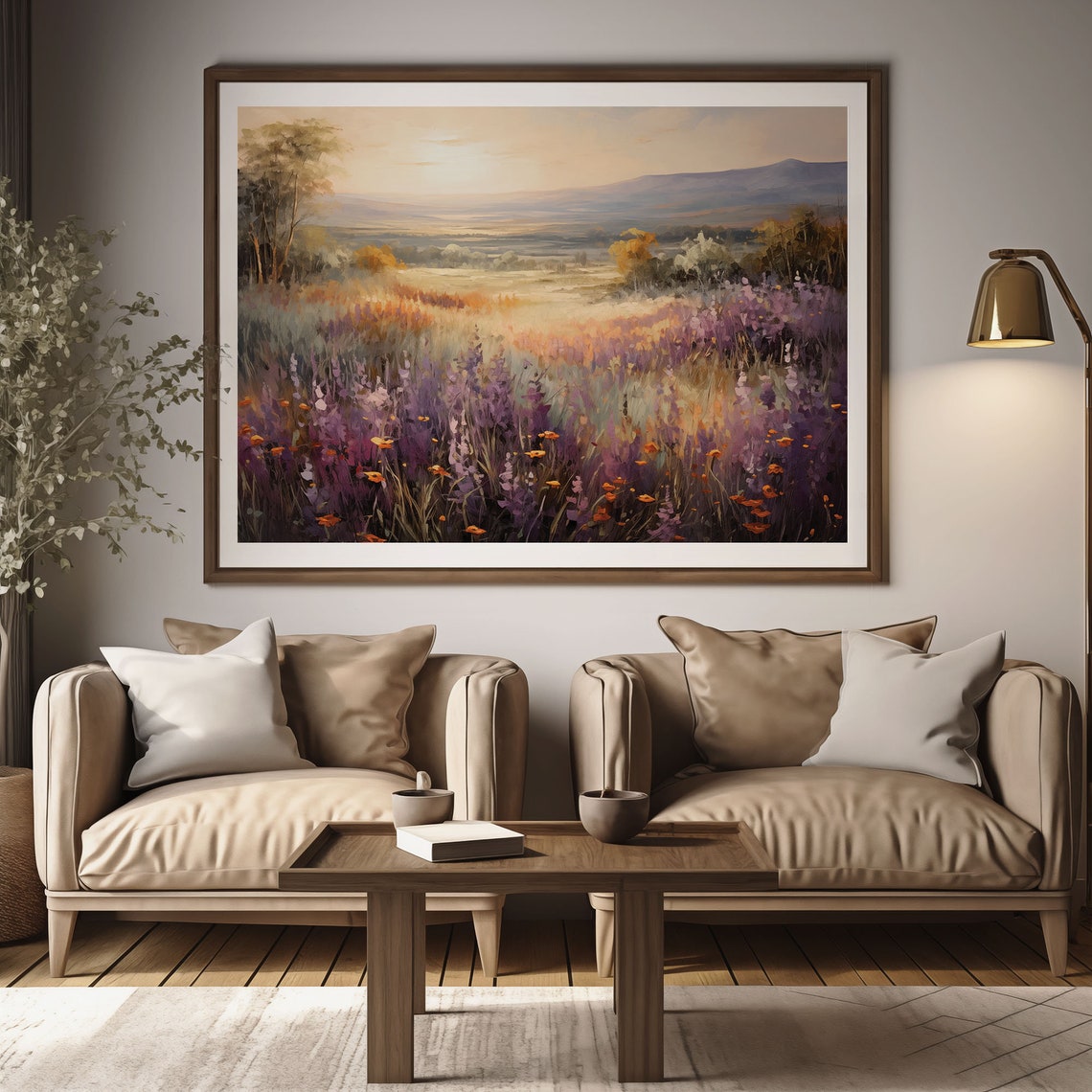 Purple Lavender Field Sunrise Valley Landscape Oil Painting Poster - Image 2