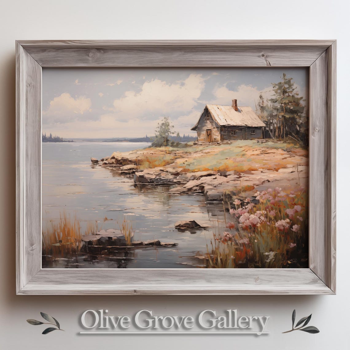 Rustic Lakeside Cabin On A Rocky Shore With Wildflowers Vintage Poster