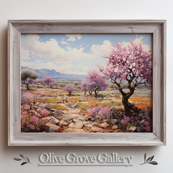 Oil Painting Of Almond Blossoms In Mediterranean Landscape With Mountains Vibrant Colors Serene Fields Warm Sky Rustic Atmosphere Art