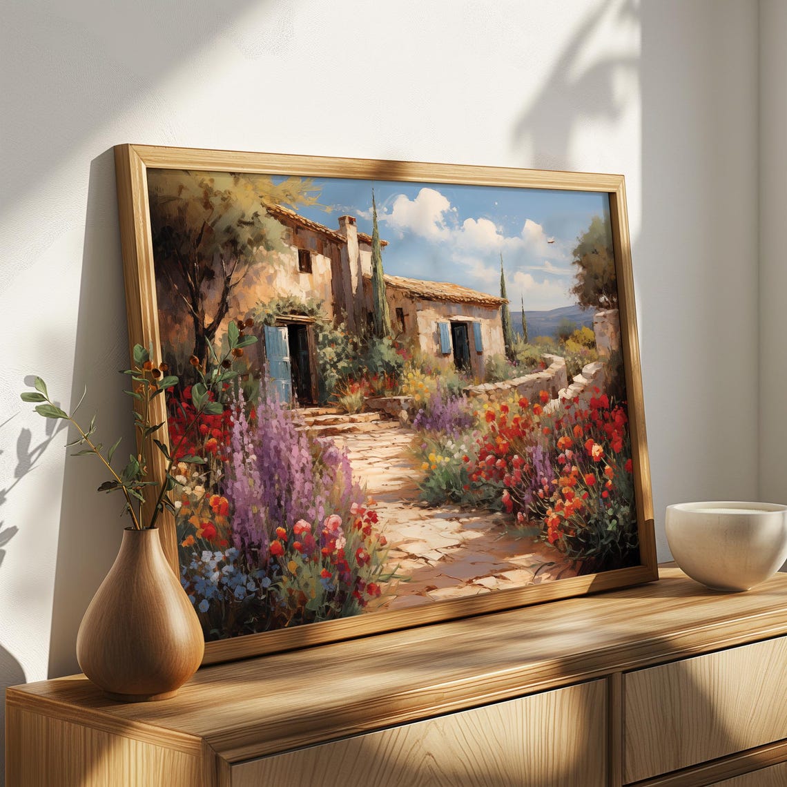 Rustic Stone Cottage Flower Path Blue Shutters Oil Painting Poster - Image 3