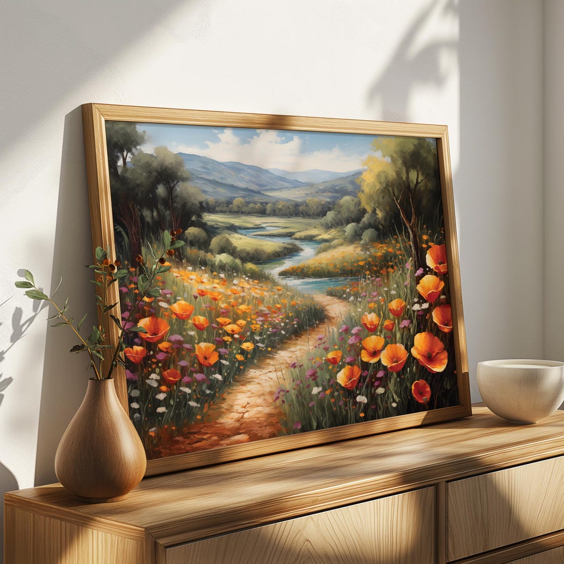 Orange Poppy River Path Peaceful Valley Landscape Art Poster - Image 4