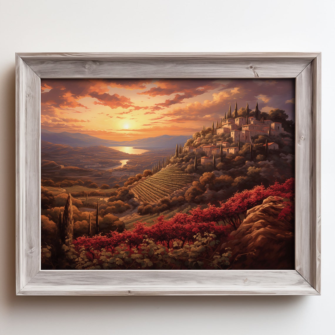 Sunset Hillside Village Terraced Vineyards Autumn Oil Painting Poster